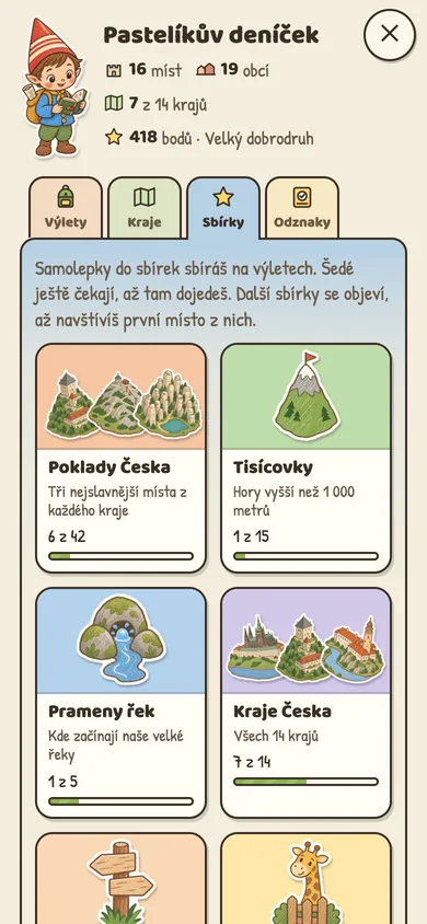 Pastelíkův deníček: sbírky Poklady Česka, Tisícovky a Prameny řek se samolepkami