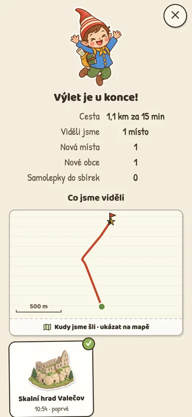 Souhrn výletu: 1,1 km za 15 minut, nové místo a mapka trasy