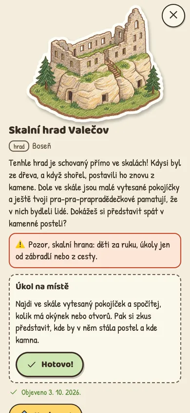 Karta hradu Valečov s vyprávěním pro děti a úkolem na místě