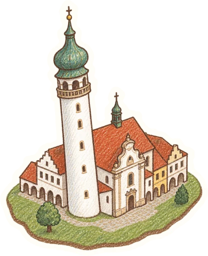 Domažlická věž – šikmá věž kostela Narození Panny Marie, kreslená vystřihovánka