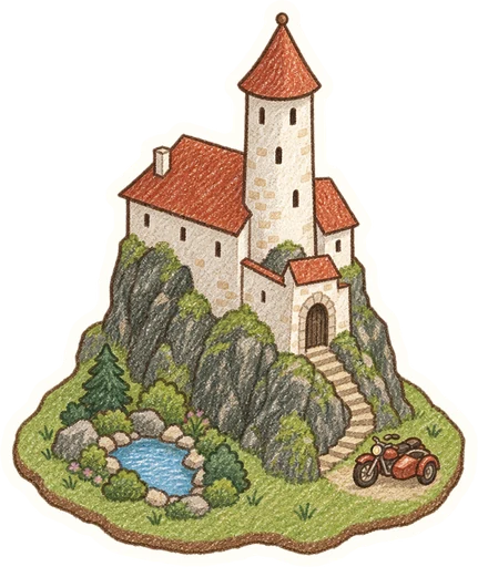 Hrad Kámen – expozice historických motocyklů, kreslená vystřihovánka