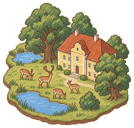 Jabkenická obora s daňky a Smetanova myslivna, kreslená vystřihovánka