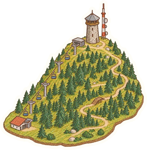 Klínovec – lanovka z Jáchymova, Trail Park a rozhledna, kreslená vystřihovánka