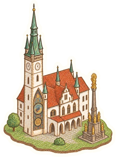 Olomoucký orloj a Horní náměstí, kreslená vystřihovánka