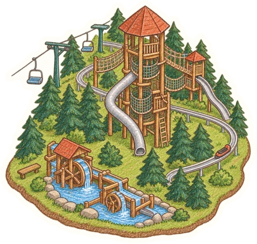 Resort Hrubá Voda – Kamzíkova stezka, park skřítka Hrubíka a bobová dráha, kreslená vystřihovánka