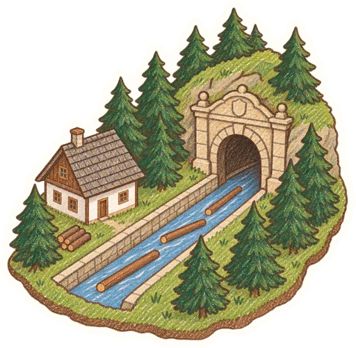 Schwarzenberský plavební kanál a tunel na Jeleních Vrších, kreslená vystřihovánka