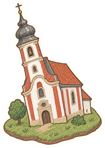 Šikmý kostel sv. Petra z Alkantary v Karviné-Dolech, kreslená vystřihovánka