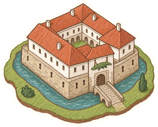 Vodní hrad Budyně nad Ohří s alchymistickou dílnou, kreslená vystřihovánka