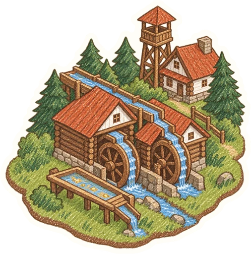 Zlatokopecký skanzen – Zlatorudné mlýny, kreslená vystřihovánka